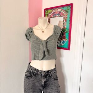 Urban Romantics Sage Green Tie-Front Eyelet Short Sleeve Crop Top